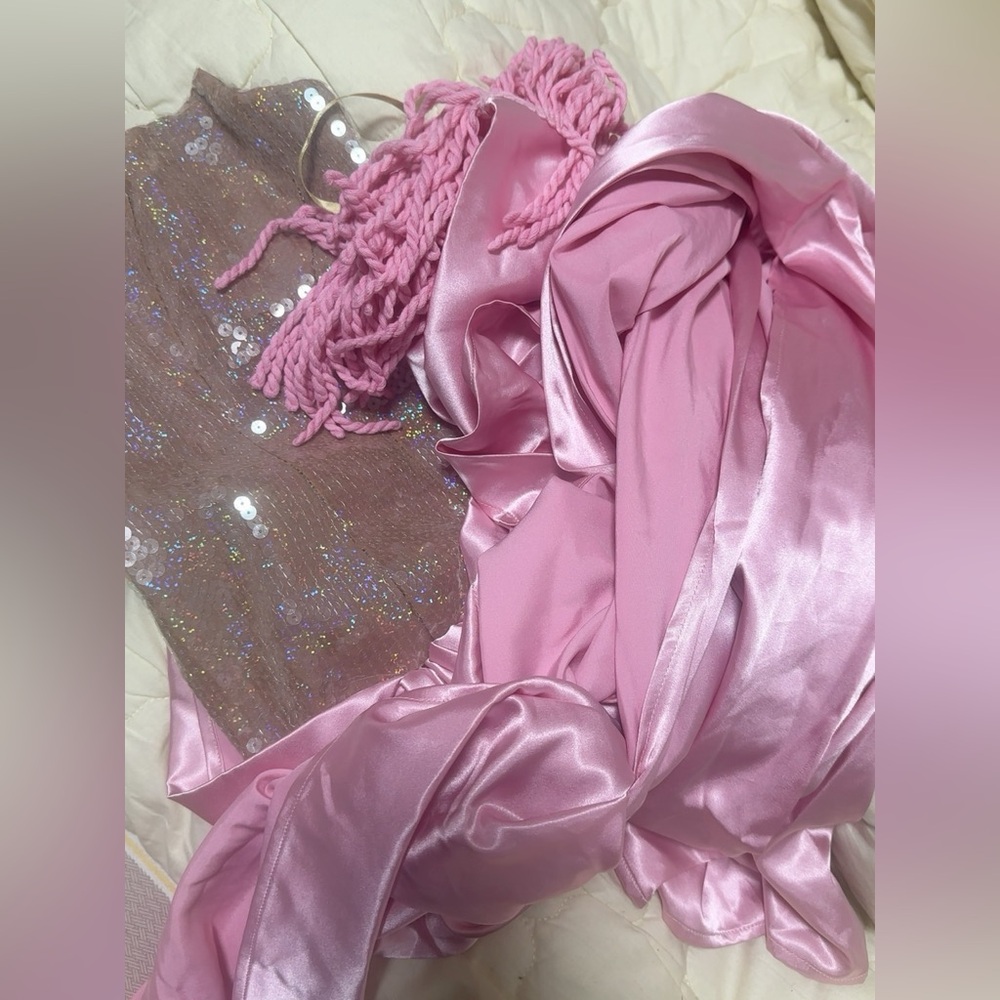 Bronx & Banco Pink Satin Strapless Sequin Tassel High Slit Gina Gown S NWOT - Picture 12 of 14